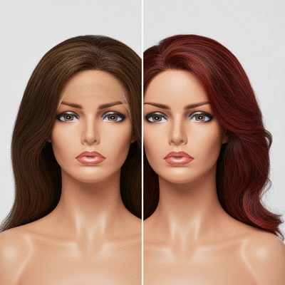 Stylized comparison of human hair wig vs synthetic wig on a mannequin head, split screen showing natural texture and vibrant synthetic options, clean image