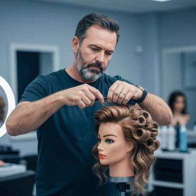 Expert stylist working on a wig, showcasing precision and care