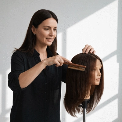 Stylist demonstrating wig care with human hair wig, showing smooth texture