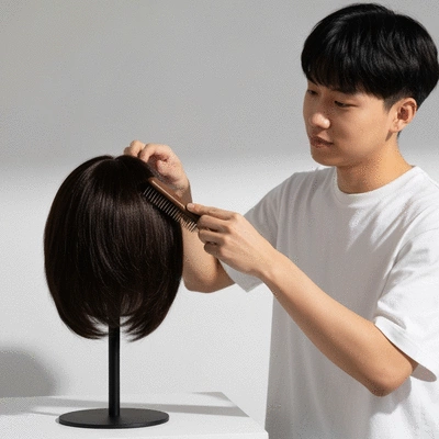 Person gently brushing a wig on a stand, clean background