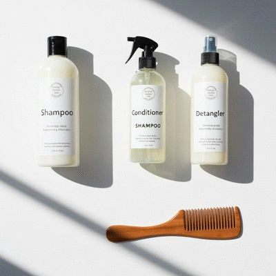 Various wig care products and tools neatly arranged on a clean background