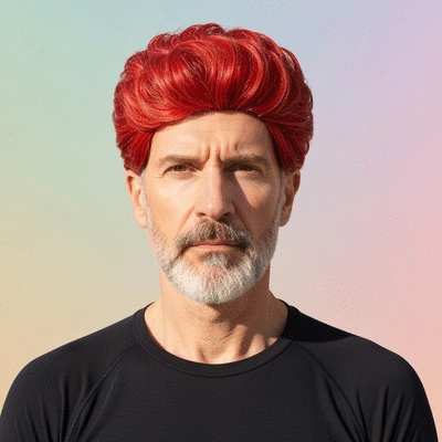 Person wearing a stylish synthetic wig, showcasing vibrant color and pre-styled look, clean image