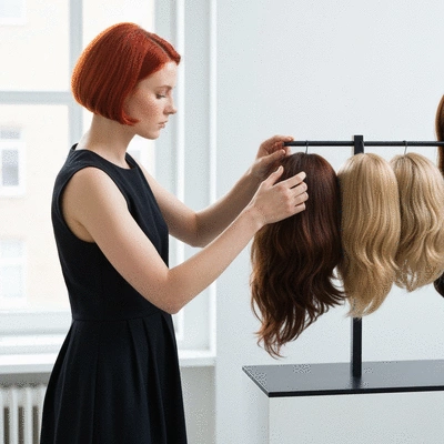 Person thoughtfully selecting a wig from a display