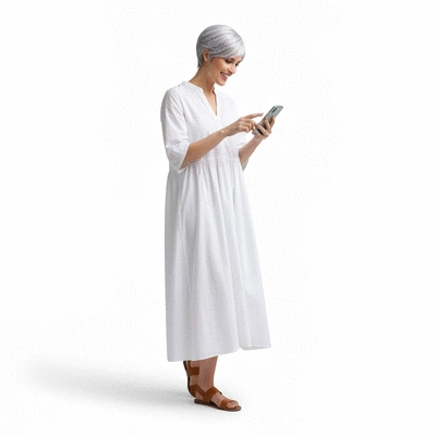 Woman with a stylish wig looking at a smartphone, engaging with social media