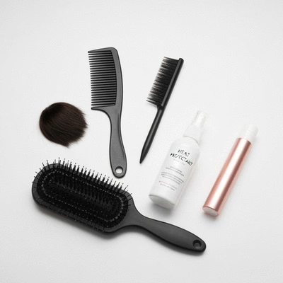 Styling tools for human hair wigs, like a brush, comb, and heat protectant spray on a clean white surface