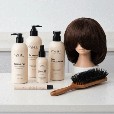 Assortment of high-quality wig care products on a clean surface
