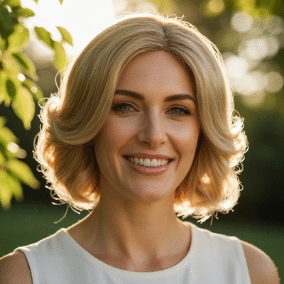 Woman wearing a beautifully styled wig, smiling confidently, in a natural setting