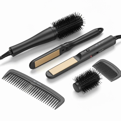 Assortment of modern wig styling tools laid out on a clean surface